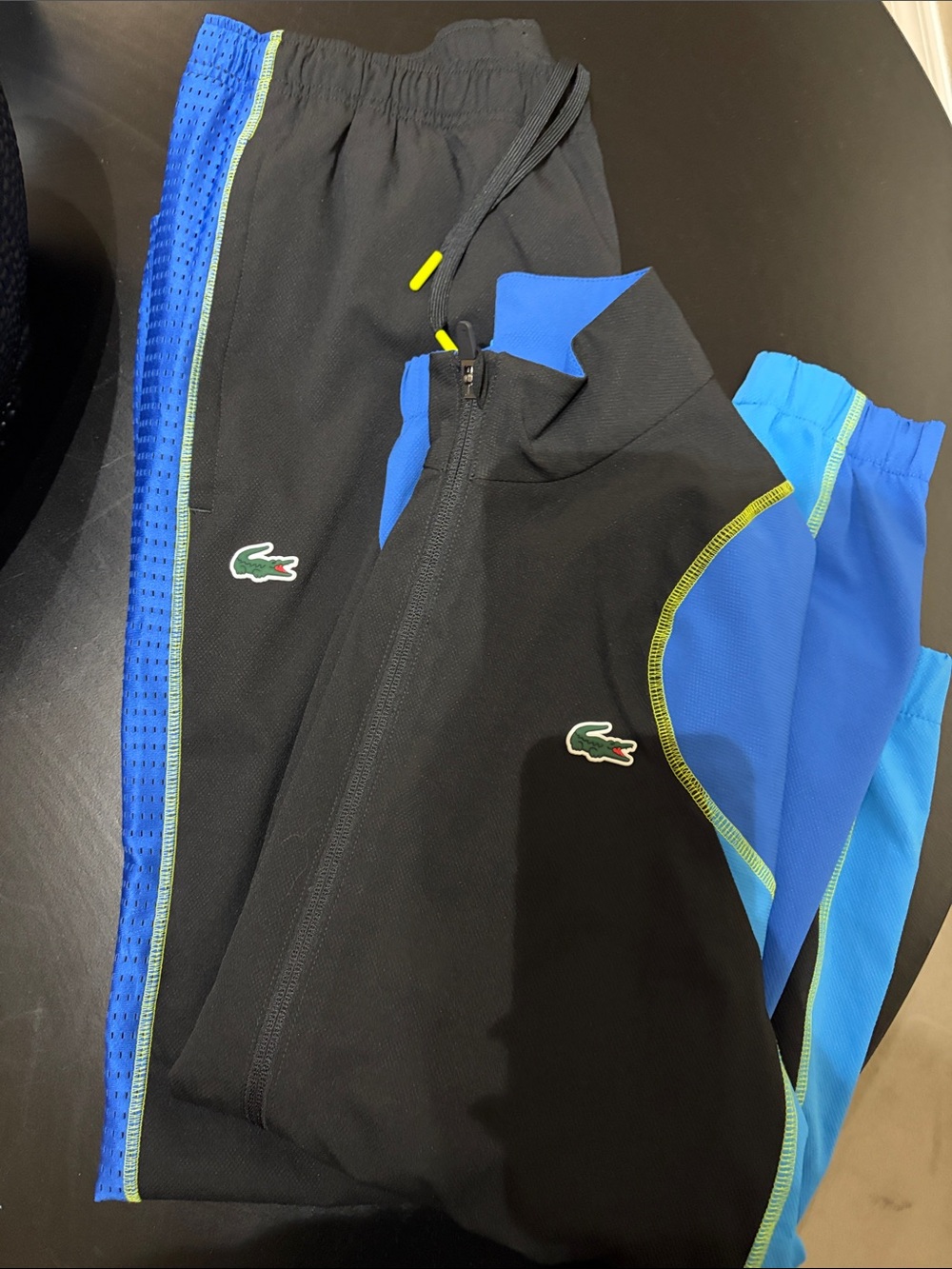 Lacoste Black, Blue & Neon Yellow Trim Athletic Track Jacket and Pants
